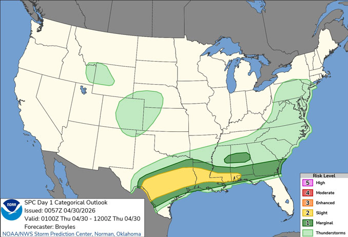 Day 1 Convective Outlook/Categorical for Thursday, April 30, 2026 indicates no severe weather in Illinois (SOURCE: NOAA/NWS Storm Prediction Center)