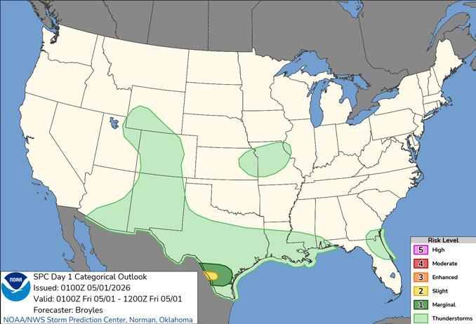 Day 1 Convective Outlook/Categorical for Thursday, April 30, 2026 indicates no severe weather in the United States, except for southern Texas (SOURCE: NOAA/NWS Storm Prediction Center)