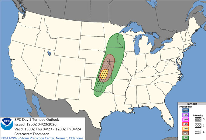 Day 1 Convective Outlook/Tornado for Thursday, April 23, 2026 (SOURCE: NOAA/NWS Storm Prediction Center)