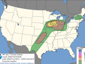 The greatest chance of tornadoes are located in norther Illinois, especially from northwest McHenry County into northwest Illinois on Tuesday afternoon and evening, April 14, 2026 (NOAA Storm Prediction Center).