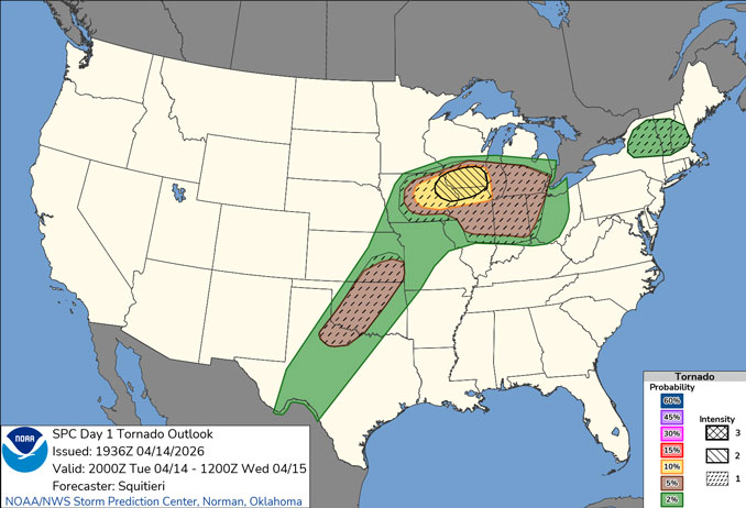 The greatest chance of tornadoes are located in norther Illinois, especially from northwest McHenry County into northwest Illinois on Tuesday afternoon and evening, April 14, 2026 (NOAA Storm Prediction Center).