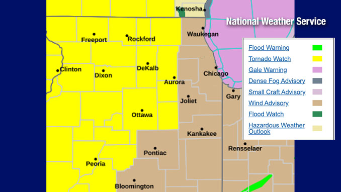 Tornado Watch, just west of Cook County and Lake County, Illinois includes McHenry, Kane, Kendall, Grundy counties just to our west and then a wider area to the west, south, and north (NWS Chicago)