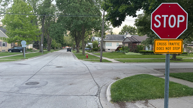 No skid marks on southbound Haddow Avenue and CROSS TRAFFIC DOES NOT STOP on Stop Sign at southbound Haddow Avenue at St. James Street in Arlington Heights (CARDINAL NEWS)