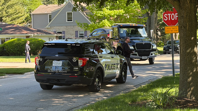 A black sedan on a Hillside tow truck at Haddow Avenue and St. James Street in Arlington Heights on Wednesday, May 20, 2026 (CARDINAL NEWS)