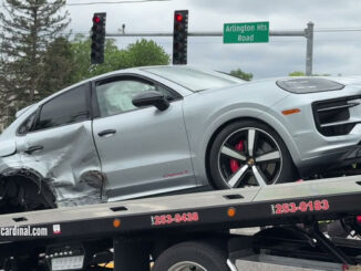Crashed Porsche Cayenne S on tow truck on Tuesday afternoon, May 19, 2026 (CARDINAL NEWS)
