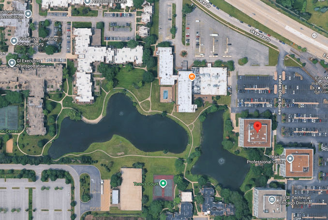Death investigation scene at pond near Walden Office Square in Schaumburg near the Rolling Meadows border (SOURCE: Imagery ©2026 Vexcel Imaging US, Inc., Imagery ©2026 Airbus, Maxar Technologies, Map data ©2026 Google)