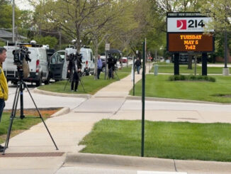 Chicago media TV stations covering a school resource officers missing gun investigation at Forest View Education Center in Arlington Heights, Tuesday, May 5, 2026 (CARDINAL NEWS)