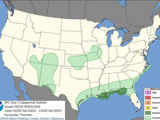 Day 1 Convective Outlook/Categorical for Friday night, May 1, 2026 (SOURCE: NOAA/NWS Storm Prediction Center)
