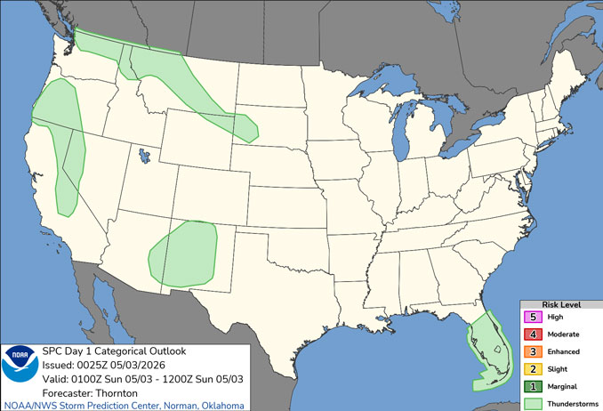 Day 1 Convective Outlook/Categorical for Saturday/Sunday overnight, May 2-3, 2026 indicates no severe weather in the United States (SOURCE: NOAA/NWS Storm Prediction Center)