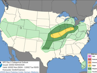 Day 1 Convective Outlook/Categorical for Monday, May 4, 2026 indicates Level 1 Severe Thunderstorms possible (SOURCE: NOAA/NWS Storm Prediction Center)