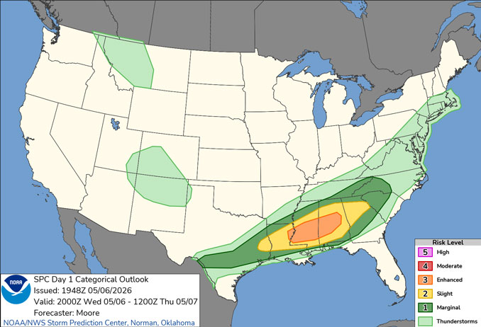 Day 1 Convective Outlook/Categorical for Wednesday, May 6, 2026 (SOURCE: NOAA/NWS Storm Prediction Center)