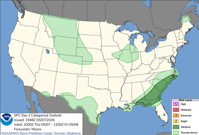 Day 1 Convective Outlook/Categorical for Thursday afternoon, May 7, 2026 indicates no severe weather for Illinois (SOURCE: NOAA/NWS Storm Prediction Center)