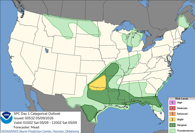 Day 1 Convective Outlook/Categorical for Friday night, May 8, 2026 indicates no severe weather for Illinois (SOURCE: NOAA/NWS Storm Prediction Center)