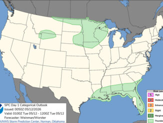 Day 1 Convective Outlook/Categorical for Monday evening, May 11, 2026 indicates no severe weather in Illinois (SOURCE: NOAA/NWS Storm Prediction Center)