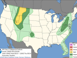 Day 1 Convective Outlook/Categorical for Wednesday, May 13, 2026 indicates no severe weather for Illinois (SOURCE: NOAA/NWS Storm Prediction Center).