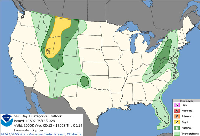 Day 1 Convective Outlook/Categorical for Wednesday, May 13, 2026 indicates no severe weather for Illinois (SOURCE: NOAA/NWS Storm Prediction Center).
