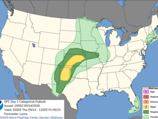 Day 1 Convective Outlook/Categorical for Thursday, May 14, 2026 indicates not severe weather in Illinois except Level 1 risk in western Illinois near St. Louis (SOURCE: NOAA/NWS Storm Prediction Center)