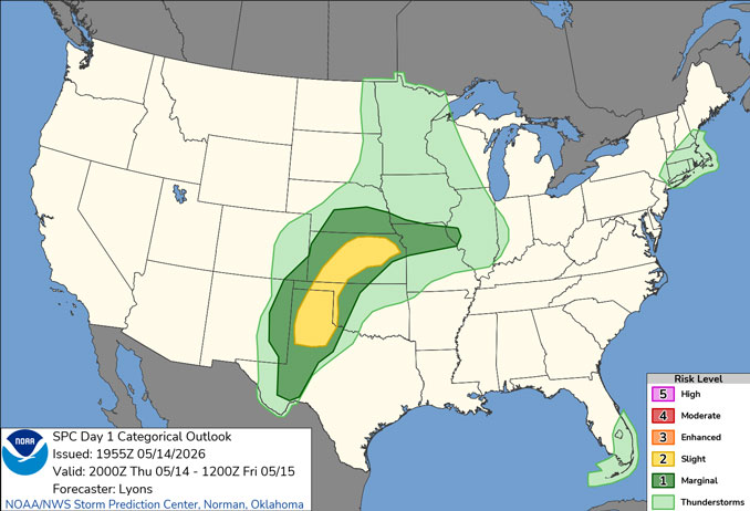 Day 1 Convective Outlook/Categorical for Thursday, May 14, 2026 indicates not severe weather in Illinois except Level 1 risk in western Illinois near St. Louis (SOURCE: NOAA/NWS Storm Prediction Center)