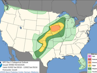 Day 1 Convective Outlook/Categorical for Friday night, May 15, 2026 indicates a risk level of Level 1 risk of Marginal thunderstorms in Chicagoland and Level 2 Slight risk of thunderstorms (SOURCE: NOAA/NWS Storm Prediction Center)