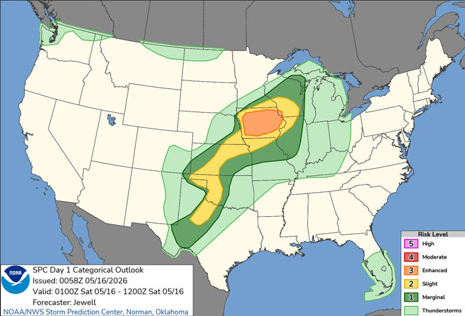 Day 1 Convective Outlook/Categorical for Friday night, May 15, 2026 indicates a risk level of Level 1 risk of Marginal thunderstorms in Chicagoland and Level 2 Slight risk of thunderstorms (SOURCE: NOAA/NWS Storm Prediction Center)