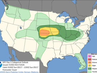 Day 1 Convective Outlook/Categorical for Saturday/Sunday overnight, May 16-17, 2026 indicates risk of marginal Level 1 thunderstorms (SOURCE: NOAA/NWS Storm Prediction Center)