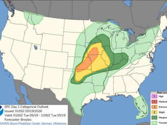 Day 1 Convective Outlook/Categorical for Monday/Tuesday, May 18-19, 2026 indicates Level 1 "Marginal" risk level of severe thunderstorms in parts of Illinois with tornadoes possible in western Illinois, Oklahoma, Texas, Kansas, Missouri, and Iowa (SOURCE: NOAA/NWS Storm Prediction Center)