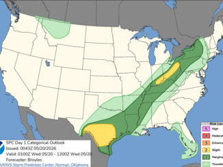 Day 1 Convective Outlook/Categorical for overnight Tuesday-Wednesday, May 19-20, 2026 indicates no severe weather for northern Illinois and central Illinois (SOURCE: NOAA/NWS Storm Prediction Center)