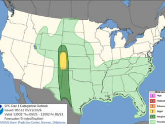 Day 1 Convective Outlook/Categorical for overnight Thursday-Friday, May 20-21, 2026 (SOURCE: NOAA/NWS Storm Prediction Center)