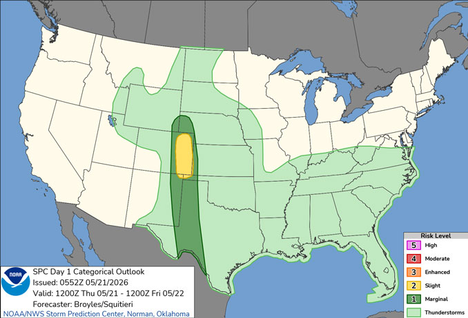 Day 1 Convective Outlook/Categorical for overnight Wednesday-Thursday, May 20-21, 2026 (SOURCE: NOAA/NWS Storm Prediction Center)