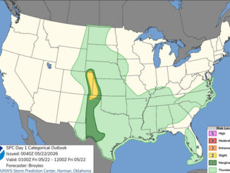 Day 1 Convective Outlook/Categorical for Overnight Thursday/Friday, May 21-22, 2026 indicates not severe weather for northern Illinois or central Illinois (SOURCE: NOAA/NWS Storm Prediction Center)