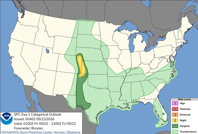 Day 1 Convective Outlook/Categorical for Overnight Thursday/Friday, May 21-22, 2026 indicates not severe weather for northern Illinois or central Illinois (SOURCE: NOAA/NWS Storm Prediction Center)