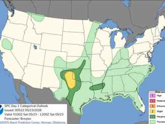 Day 1 Convective Outlook/Categorical for overnight Friday/Saturday, May 22-23, 2026 (SOURCE: NOAA/NWS Storm Prediction Center)