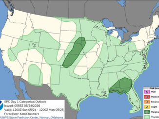 Day 1 Convective Outlook/Categorical for overnight Saturday/Sunday, May 23-24, 2026 indicates no severe weather but a chance of thunderstorms in most of Illinois including Chicagoland (SOURCE: NOAA/NWS Storm Prediction Center)