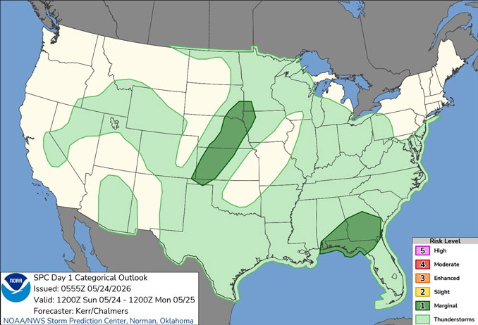 Day 1 Convective Outlook/Categorical for overnight Saturday/Sunday, May 23-24, 2026 indicates no severe weather but a chance of thunderstorms in most of Illinois including Chicagoland (SOURCE: NOAA/NWS Storm Prediction Center)