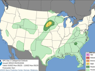 Day 1 Convective Outlook/Categorical for overnight Sunday/Monday, May 24-25, 2026 (SOURCE: NOAA/NWS Storm Prediction Center)