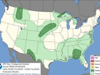 Day 1 Convective Outlook/Categorical for for overnight Monday/Tuesday, May 25-26, 2026 indicates no severe weather for any part of Illinois (SOURCE: NOAA/NWS Storm Prediction Center)