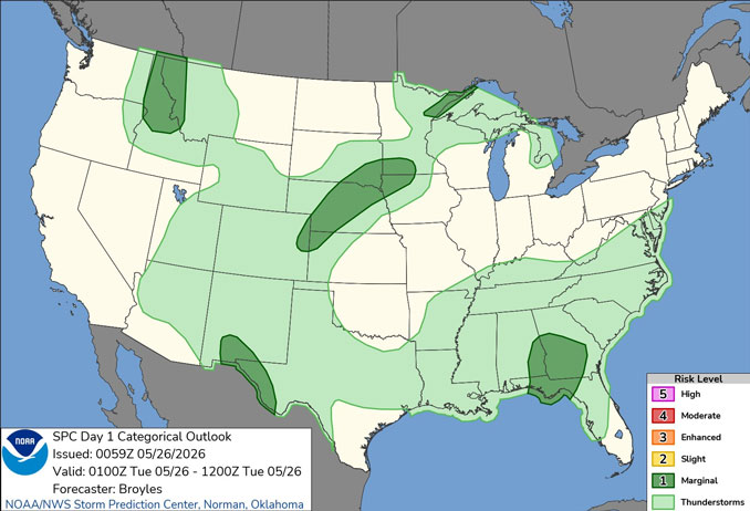 Day 1 Convective Outlook/Categorical for for overnight Monday/Tuesday, May 25-26, 2026 indicates no severe weather for any part of Illinois (SOURCE: NOAA/NWS Storm Prediction Center)