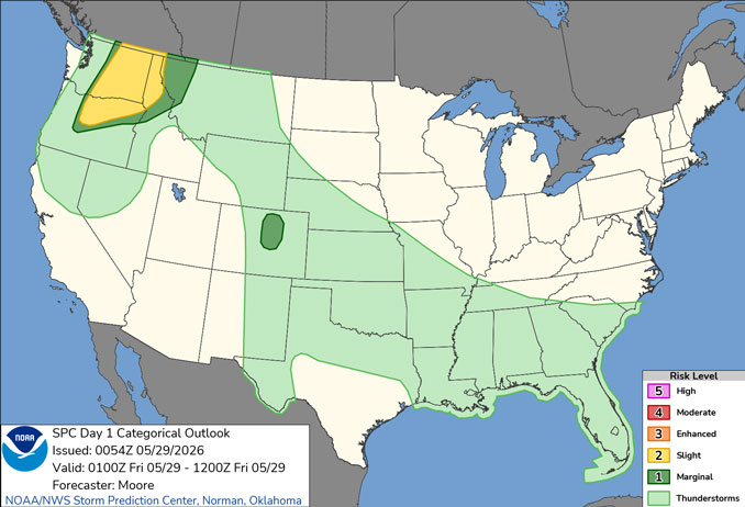 Day 1 Convective Outlook/Categorical for Overnight Thursday/Friday, May 28-29, 2026 indicates no severe weather in Illinois (SOURCE: NOAA/NWS Storm Prediction Center)