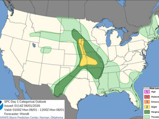Day 1 Convective Outlook/Categorical for overnight Sunday/Monday, May 31-June 1, 2026 indicates severe weather only in far southwest Illinois (SOURCE: NOAA/NWS Storm Prediction Center)