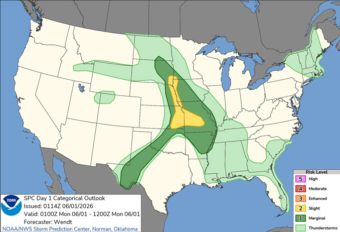 Day 1 Convective Outlook/Categorical for overnight Sunday/Monday, May 31-June 1, 2026 indicates severe weather only in far southwest Illinois (SOURCE: NOAA/NWS Storm Prediction Center)
