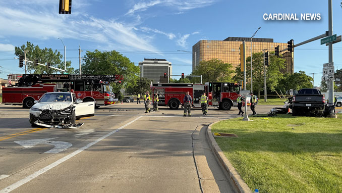 Looking southbound on Magnolia Drive, a wide view of the crash scene at Algonquin Road and Magnolia Drive on Tuesday evening, May 26, 2026 (CARDINAL NEWS)