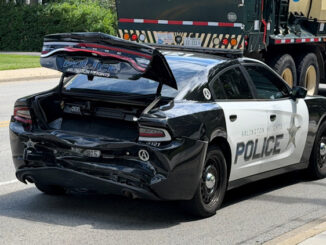 Damaged Arlington Heights Police Department Dodge Charger Pursuit vehicle after a rear-end crash on Arlington Heights Road near Euclid Avenue Monday afternoon, June 1, 2026 (CARDINAL NEWS)
