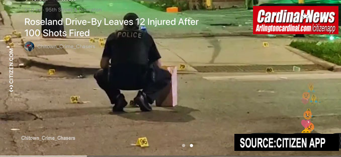 Chicago police officer kneeling at the scene of a mass shooting at 95th Street and Princeton Avenue in Chicago on Friday, June 19, 2026 (CITIZEN APP)