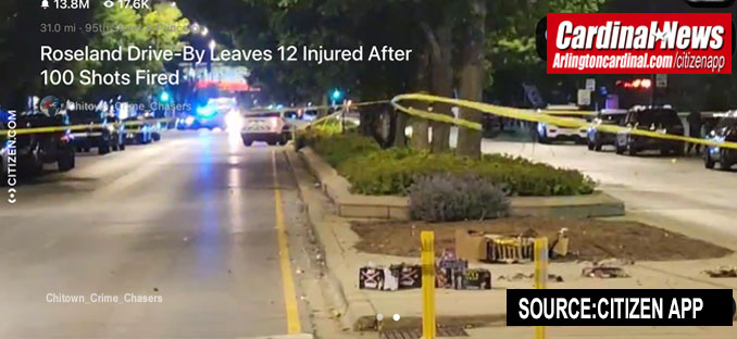 Fireworks in the 95th Street boulevard at the scene of a mass shooting at 95th Street and Princeton Avenue in Chicago on Friday, June 19, 2026 (CITIZEN APP)