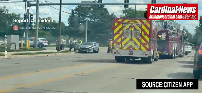 Silver sedan involved in a crash at Dundee Road and Buffalo Grove Road in Buffalo Grove (SOURCE: Citizen App)