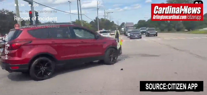 Red SUV involved in a crash at Dundee Road and Buffalo Grove Road in Buffalo Grove on Monday, June 15, 2026 (SOURCE: Citizen App)