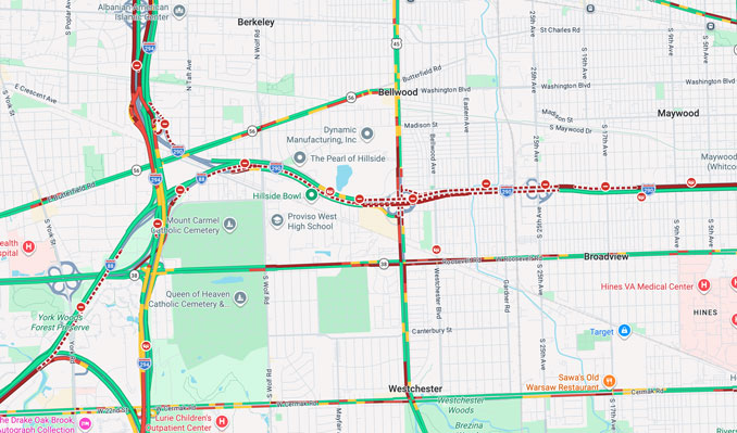 I-290 Bomb Tech Scene near Westchester, Illinois on Thursday, June 4, 2026 (Map data ©2026 Google)