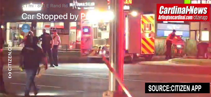 Mount Prospect Fire Department rescue ambulance near the motorcycle crash victim on Saturday night June 20, 2026 on the south side of Rand Road about 215 feet east of Henry Street in Mount Prospect (SOURCE: CITIZEN App)