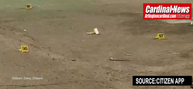 Casings marker 95 (upper left) at the scene of a mass shooting at 95th Street and Princeton Avenue in Chicago on Friday, June 19, 2026 (CITIZEN APP)