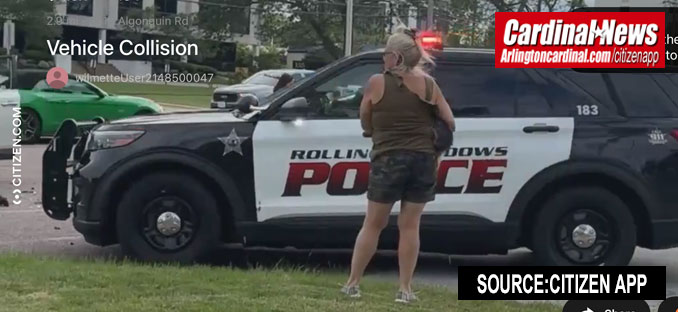 Rolling Meadows police arrive first on the the scene of a three-vehicle crash at Algonquin Road and Barker Avenue in Rolling Meadows, Tuesday, June 16, 2026 (CITIZEN APP)